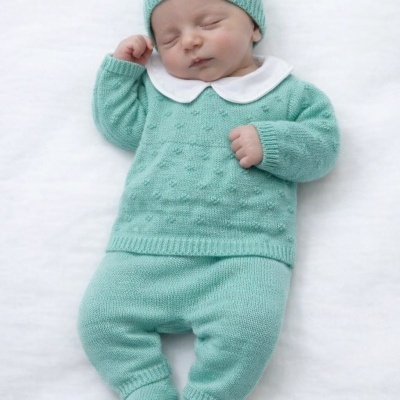 Bebé com roupa de malha verde água deitado