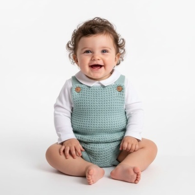 Bebé com jardineira de malha verde e body branco