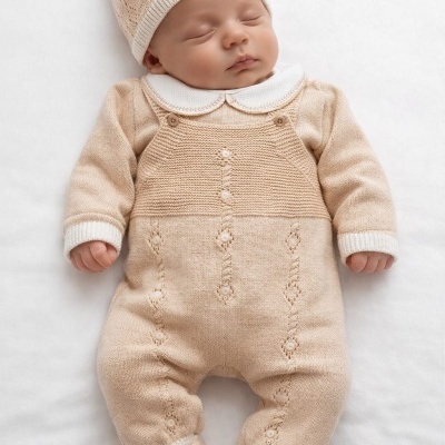 Bebé vestido com macacão e gorro de malha bege e creme, deitado sobre fundo branco.