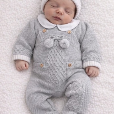 Bebé a dormir vestido com fato de malha cinza e gorro cinza e branco, deitado em superfície macia branca