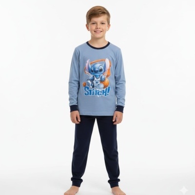 Pijama infantil azul com estampa Stitch e calças azuis escuras