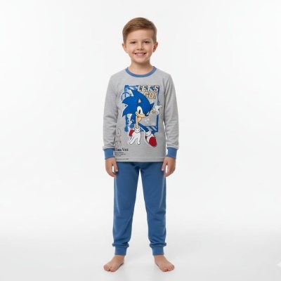 Pijama infantil cinzento e azul com personagem Sonic e texto LETS GO!