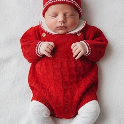 Bebé com fato vermelho texturizado, gorro vermelho e meias brancas deitado em fundo branco