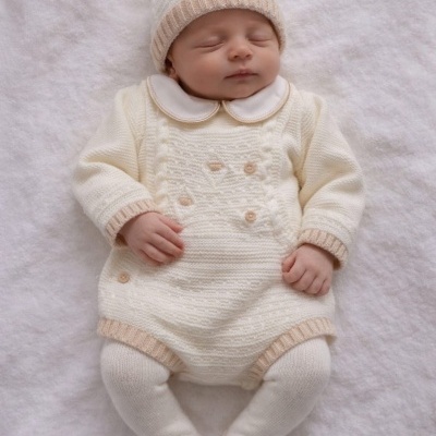 Bebé vestido com fato de malha creme e gorro creme com pompom.