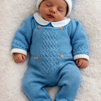 Bebé vestido com fato azul de malha com detalhes brancos, deitado