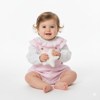 Bebé com roupa rosa e branca segurando brinquedo estrela