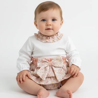 Bebé com roupa branca e rosa floral sentada em fundo branco