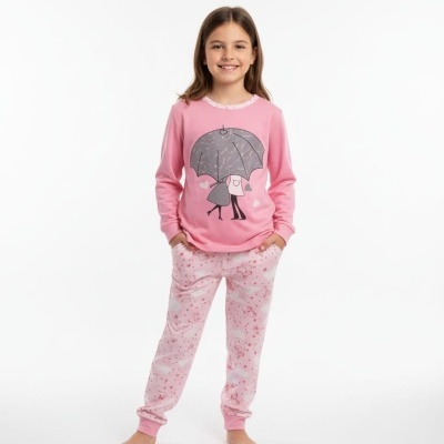 Pijama infantil rosa com camisola de manga comprida e calças com padrão em rosa