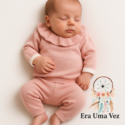 Bebé deitado com roupa de malha rosa e gola babado, junto a desenho de filtro dos sonhos e texto Era Uma Vez.
