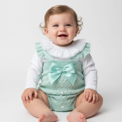 Bebé sentado sorrindo com roupa verde-pistacho e branca