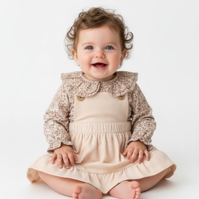 Bebé com vestido bege e blusa com padrão floral sentado