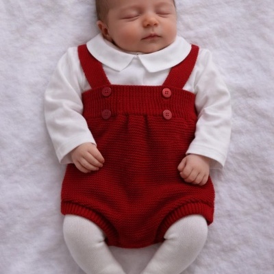 Bebé deitada com macacão vermelho e camisa branca sobre manta branca