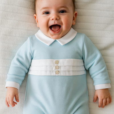 Macacão de bebé azul claro com gola e punhos brancos e botões decorativos
