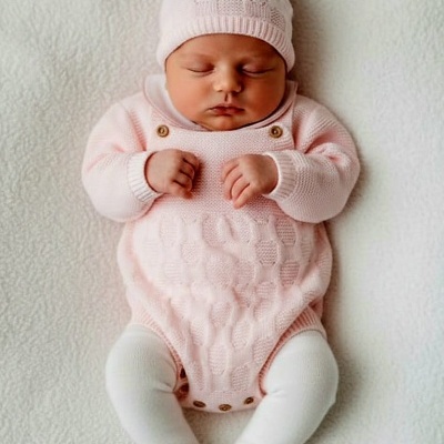 Bebé dormindo com roupa cor-de-rosa de malha e collants brancos deitado em tecido branco.