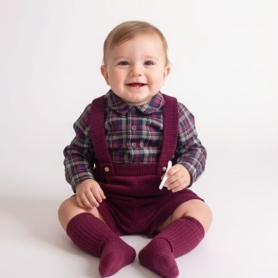 Bebé com camisa às riscas e calções de malha vinho sentado