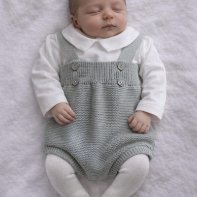 Bebé vestido com macacão de malha cinzento claro e camisa branca de gola, deitado em tecido branco macio.