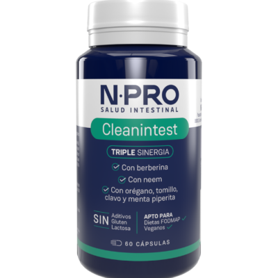 Frasco azul escuro com tampa branca de suplemento N·PRO Cleanintest