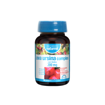 Frasco de suplemento uva ursina complex Naturmil com tampa azul e rótulo colorido