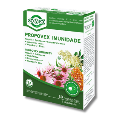 Caixa verde e branca de suplemento alimentar PROPOVEX IMUNIDADE com imagens de plantas e mel