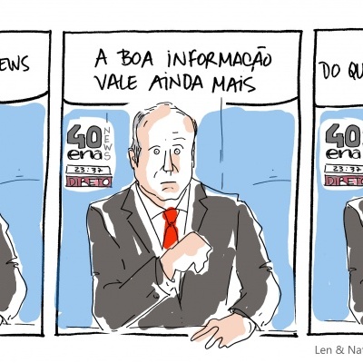 Banda desenhada de jornalista a falar sobre fake news e papel higiénico.