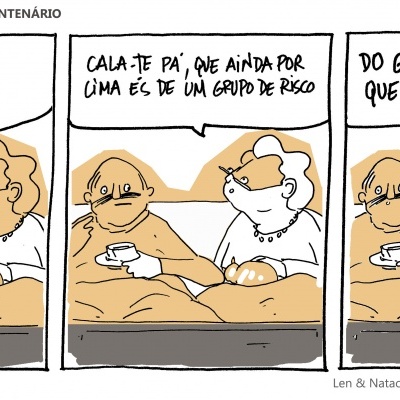 Banda desenhada com duas pessoas numa cama a conversar sobre Covid.