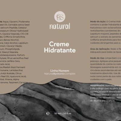 Rótulo de creme hidratante natural para homem, texto detalhado sobre uso e ingredientes