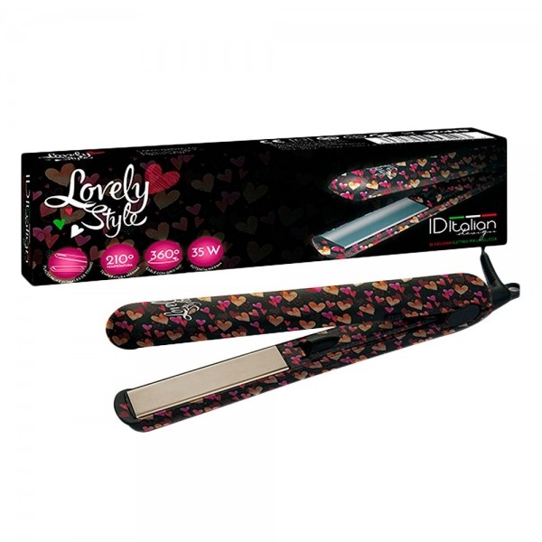 Prancha alisadora de cabelo preta com corações coloridos e embalagem preta marcada Lovely Style.