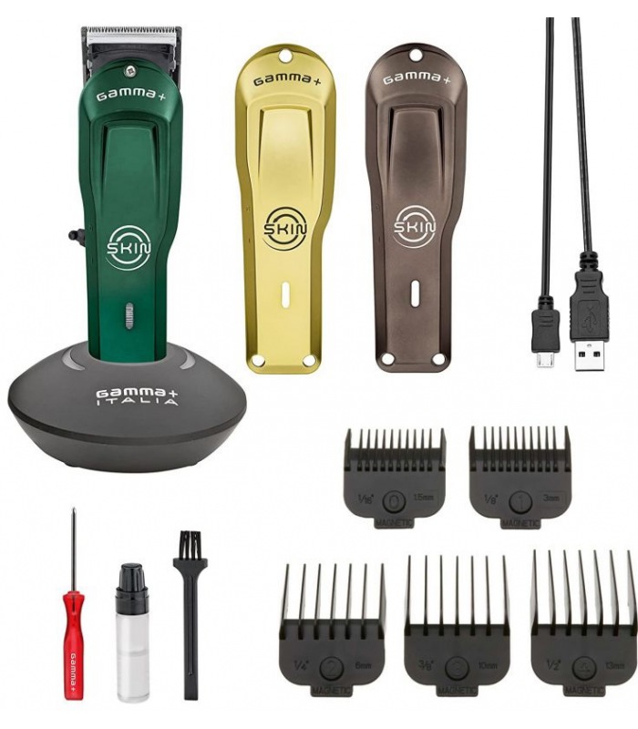 Conjunto de máquina de cortar cabelo Gamma+ com acessórios diversos em fundo branco.