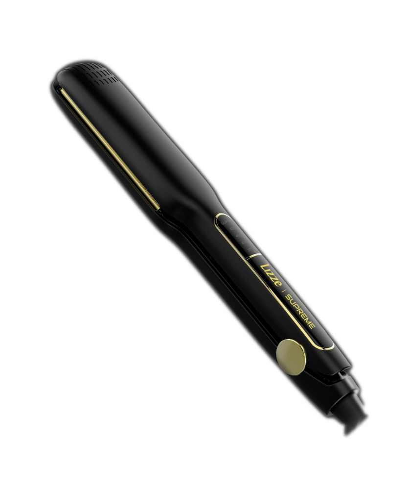 Prancha alisadora preta com detalhes dourados e texto Luz SUPREME