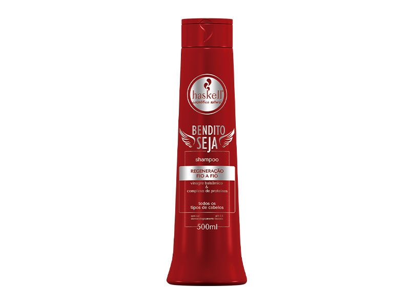 Frasco vermelho de shampoo Haskell Benedito Seja 500ml