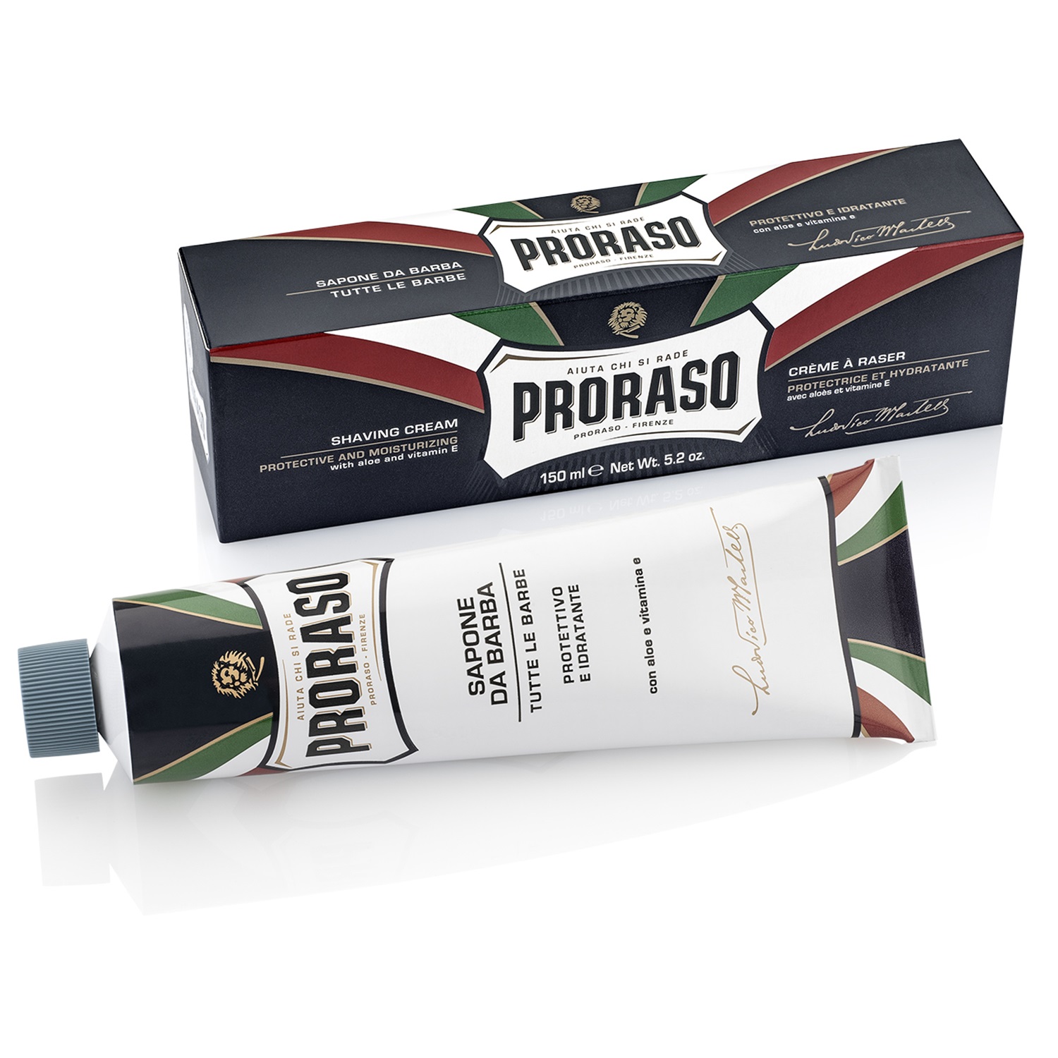 Creme de barbear Proraso com embalagem preta e tubo branco detalhado em verde, vermelho e preto