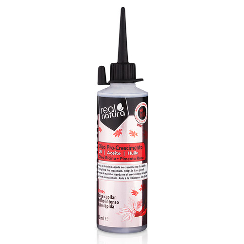 Frasco de óleo para crescimento capilar Real Natura branco com tampa preta e decoração vermelha