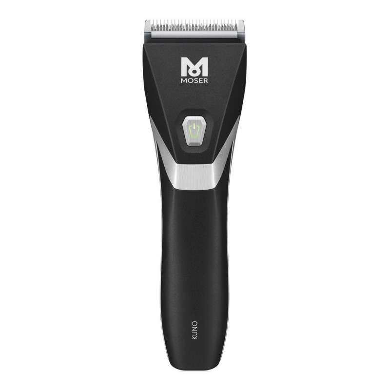 Máquina de cortar cabelo preta com lâminas metálicas e texto MOSER KUNIO