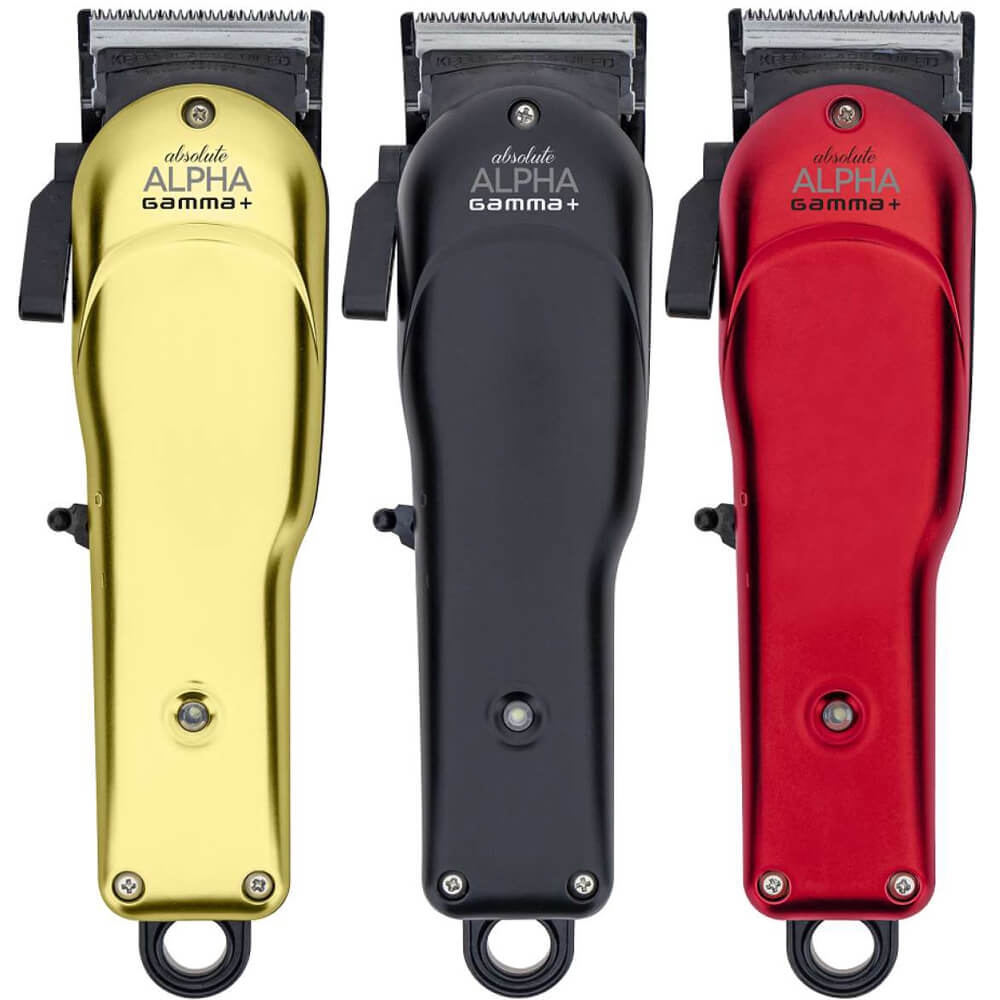 Três máquinas de cortar cabelo absolute ALPHA gamma+ em dourado, preto e vermelho