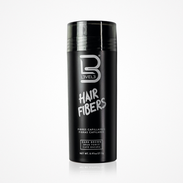 Frasco preto cilíndrico de Hair Fibers LEVEL3 com texto branco