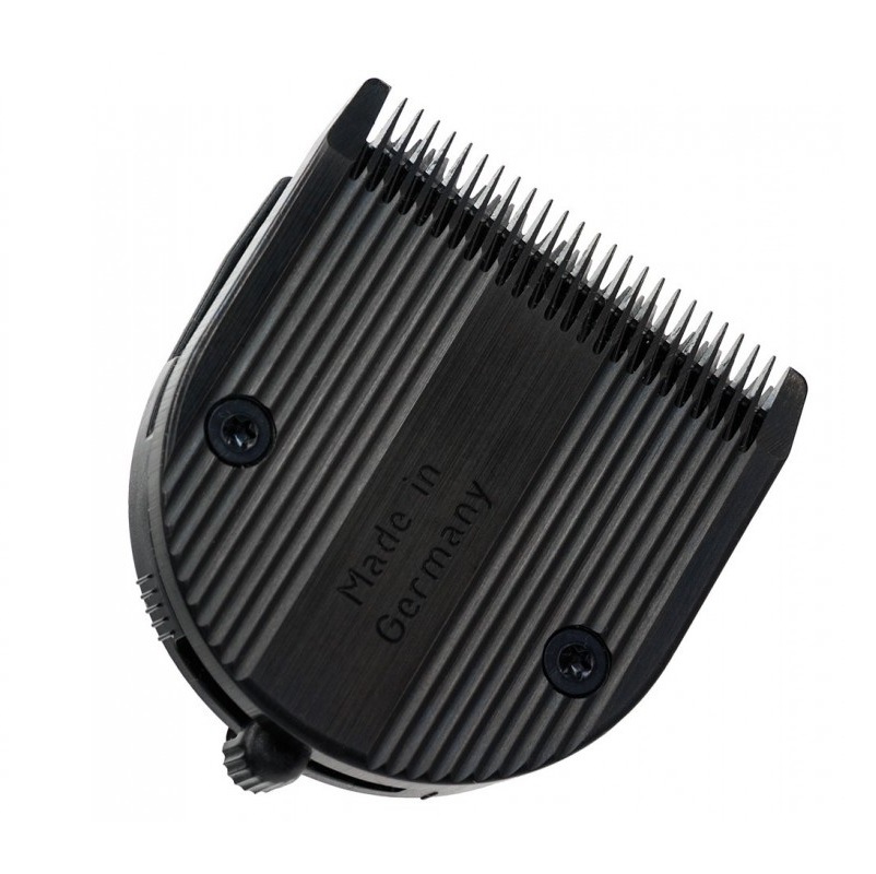 Cabeça de máquina de cortar cabelo preta com lâminas metálicas