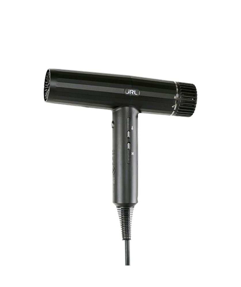 Secador de cabelo preto com texto URL e botões no cabo