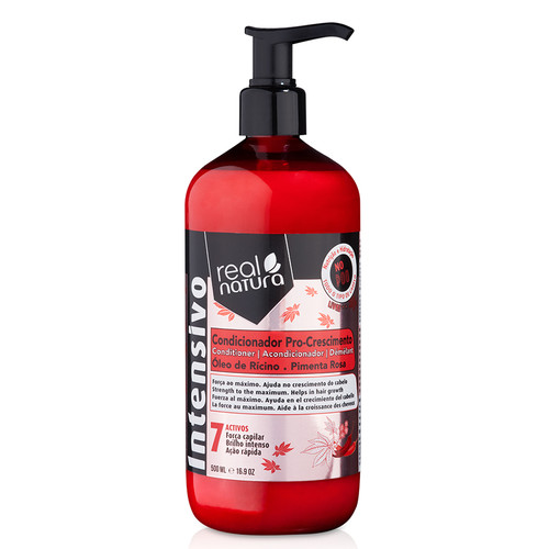 Condicionador hidratante 'real natura' em frasco vermelho com bomba preta