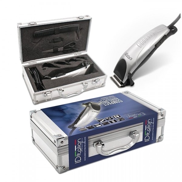 Conjunto de máquina de cortar cabelo prateada com estojo metálico cinzento e acessórios