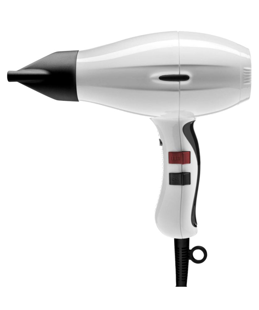 Secador de cabelo branco e preto com cabo preto