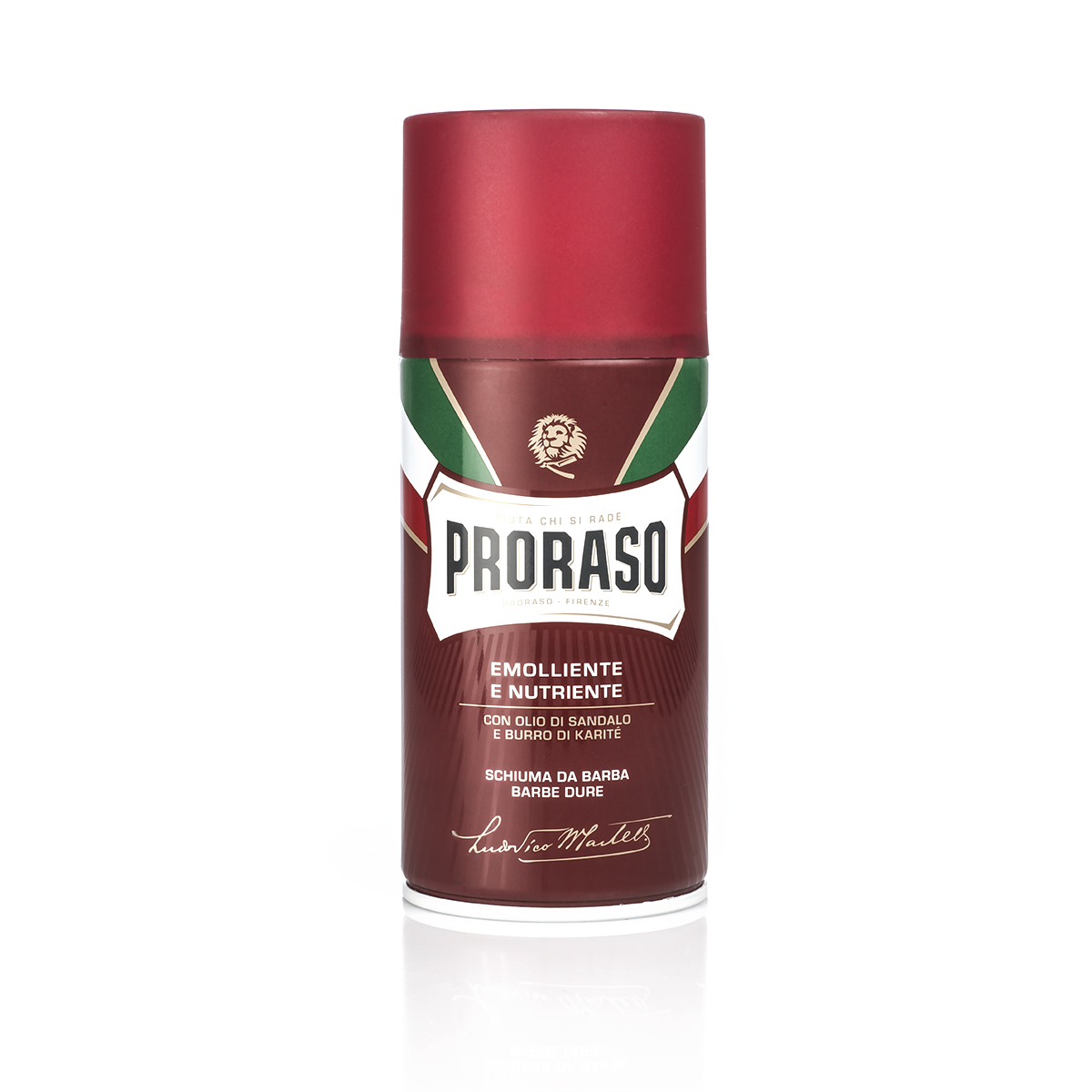 Espuma de barbear Proraso em embalagem metálica vermelha e verde