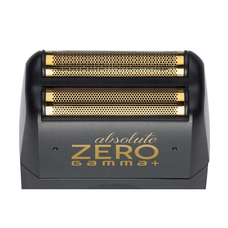 Cabeça de aparador de barbear dourada e preta com texto 'absolute ZERO Gamma+'
