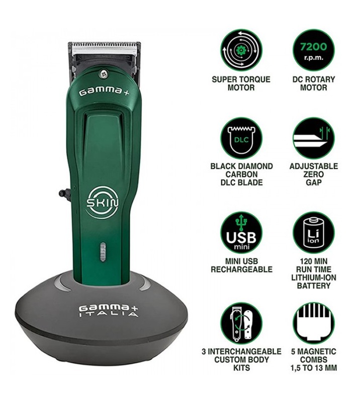 Máquina de cortar cabelo Gamma+ verde com base de carregamento e ícones de características