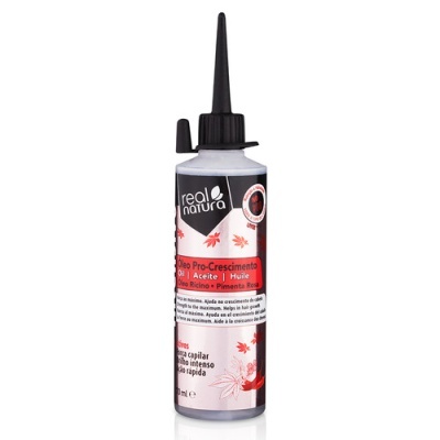 Frasco de óleo para crescimento capilar Real Natura branco com tampa preta e decoração vermelha