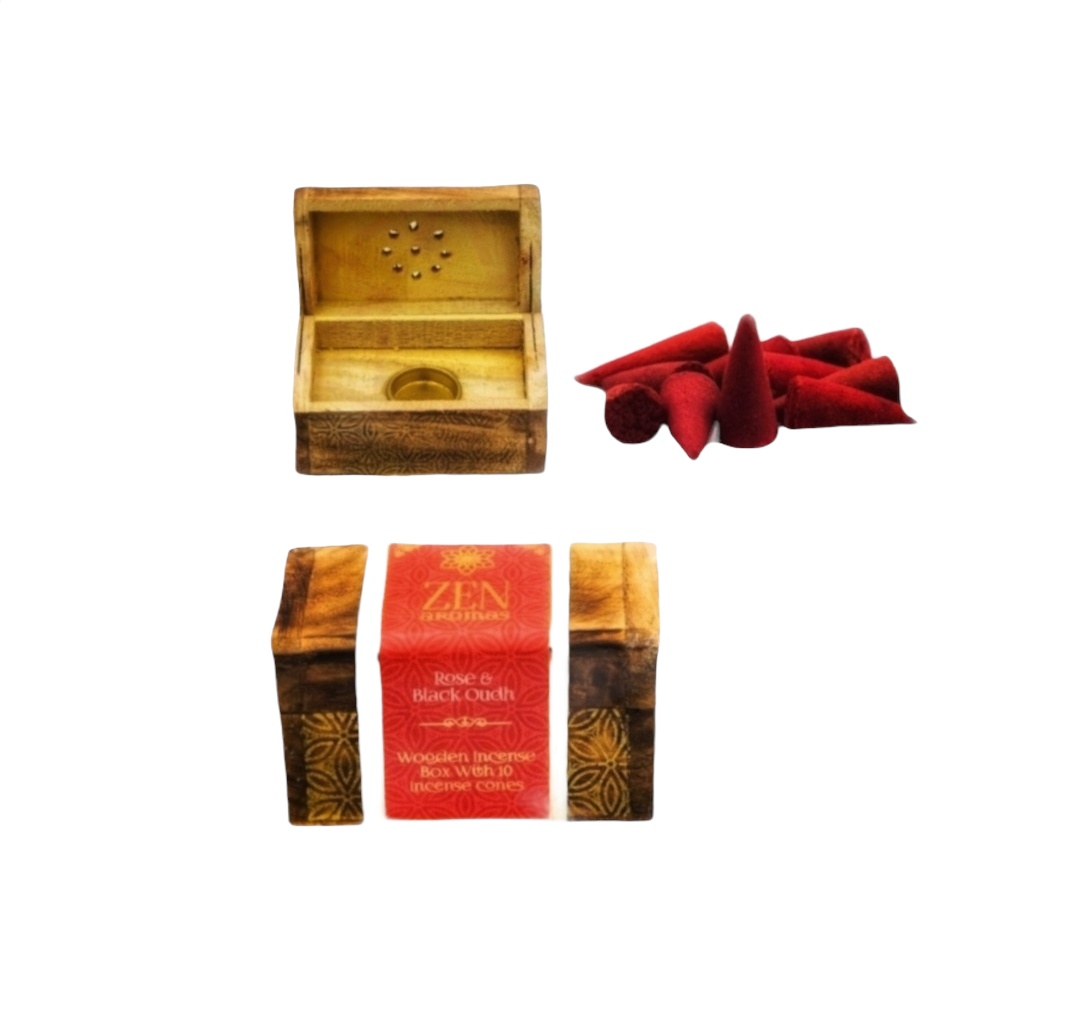 Incensário Baú Zen Aromas + Cones Rosas & Oud Preto