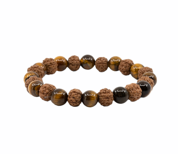 Pulseira de Rudraksha e Olho de Tigre - Esferas 8 mm