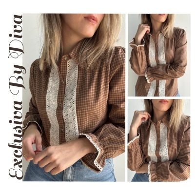 Blusa xadrez castanho com renda branca e punhos franzidos