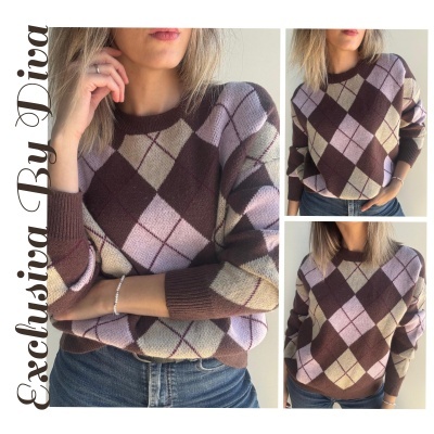 Camisola de malha padrão argyle em castanho, rosa e bege