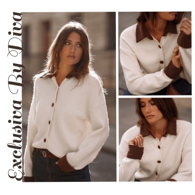 Casaco feminino branco com detalhes castanhos, gola e botões, usado com calças jeans