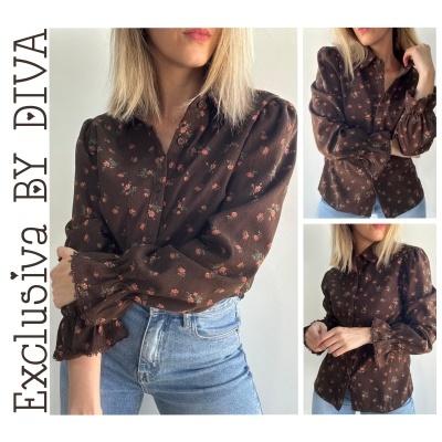 Camisa feminina castanha com flores pequenas e botões frontais